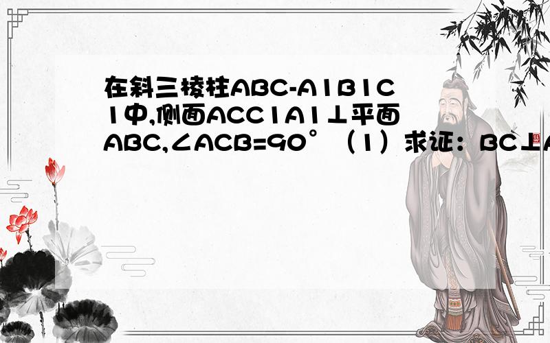 在斜三棱柱ABC-A1B1C1中,侧面ACC1A1⊥平面ABC,∠ACB=90°（1）求证：BC⊥AA1（2）若M,N是棱BC上的两个三等分点,求证A1N∥平面AB1M