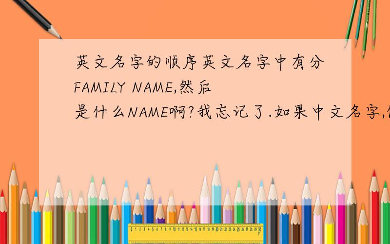 英文名字的顺序英文名字中有分FAMILY NAME,然后是什么NAME啊?我忘记了.如果中文名字,例如张学友,张是FAMILY NAME吧,学友是什么NAME?平时也见只写FIRST NAME 与 LAST NAME.FIRST NAME 是指FAMILY NAME 还是什么