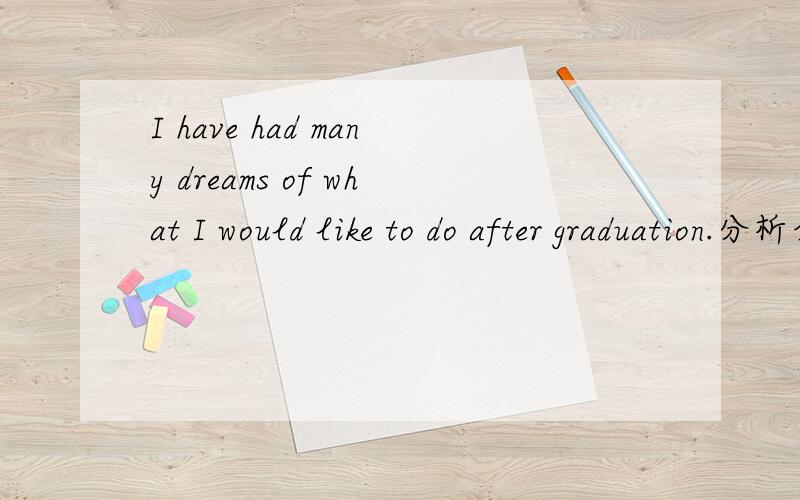I have had many dreams of what I would like to do after graduation.分析介词dream+of的选用?上面句子的意思我能猜到,希望分析：1.句子结构,以及用法；2.dream about/ that/ of用法.