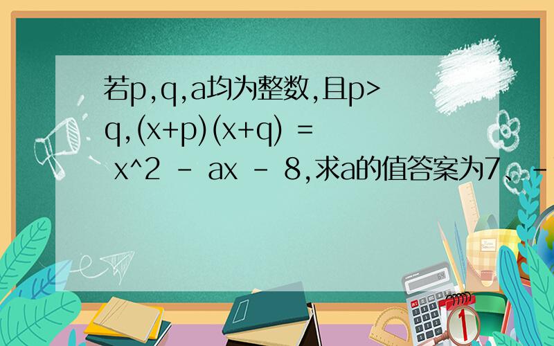 若p,q,a均为整数,且p>q,(x+p)(x+q) = x^2 - ax - 8,求a的值答案为7、－7、2、－2
