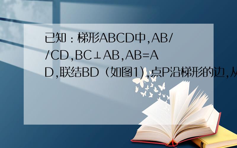 已知：梯形ABCD中,AB//CD,BC⊥AB,AB=AD,联结BD（如图1),点P沿梯形的边,从点A→B→C→D→A移动求证1.∠A=2∠CBD