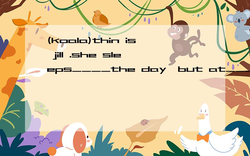 (koala)thin is jill .she sleeps____the day,but at_____she gets up a