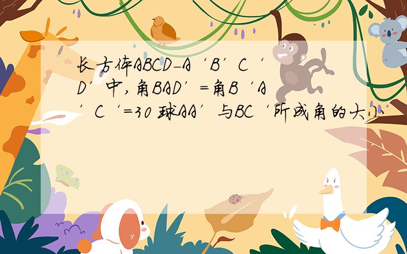 长方体ABCD-A‘B’C‘D’中,角BAD’=角B‘A’C‘=30 球AA’与BC‘所成角的大小