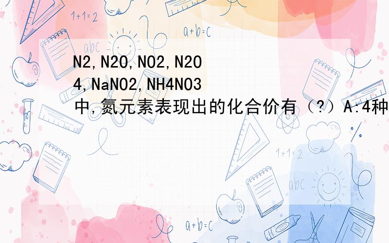 N2,N2O,NO2,N2O4,NaNO2,NH4NO3中,氮元素表现出的化合价有（?）A:4种;B:5种;C:6种;D:7种（说明理由）