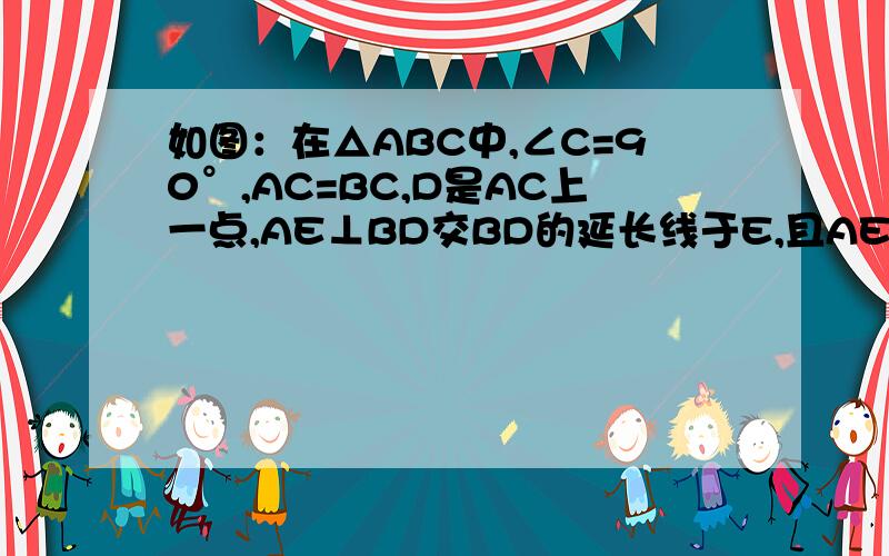 如图：在△ABC中,∠C=90°,AC=BC,D是AC上一点,AE⊥BD交BD的延长线于E,且AE=1/2 BD,DF垂直AB于F.如图：在△ABC中,∠C=90°,AC=BC,D是AC上一点,AE⊥BD交BD的延长线于E,且AE=1/2 BD,DF垂直AB于F.求证：CD=DF请不要用