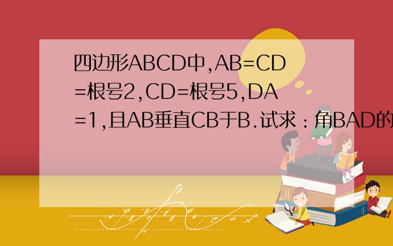 四边形ABCD中,AB=CD=根号2,CD=根号5,DA=1,且AB垂直CB于B.试求：角BAD的度数、求四边形ABCD的面积