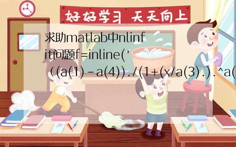 求助matlab中nlinfit问题f=inline('（(a(1)-a(4))./(1+(x/a(3).).^a(2)))+a( 4)','a','x');x=0.5:0.1:1.5y=[0,0,0.006,0.175,1.05,1.7,1.85,1.9,1.95,1.975,2]a0=[0,2,1,3]b=nlinfit(x,y,f,a0)plot(x,y,' o',x,f(b,x),'-')有错误Error using nlinfit (line 114