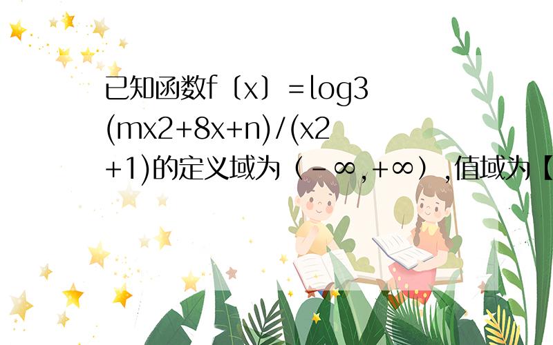 已知函数f〔x〕＝log3 (mx2+8x+n)/(x2+1)的定义域为（-∞,+∞）,值域为【-∞,+∞】,求mn值