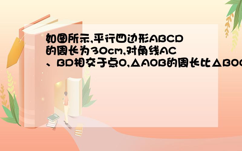 如图所示,平行四边形ABCD的周长为30cm,对角线AC、BD相交于点O,△AOB的周长比△BOC的周长多5cm,求此平行四边形各边的长