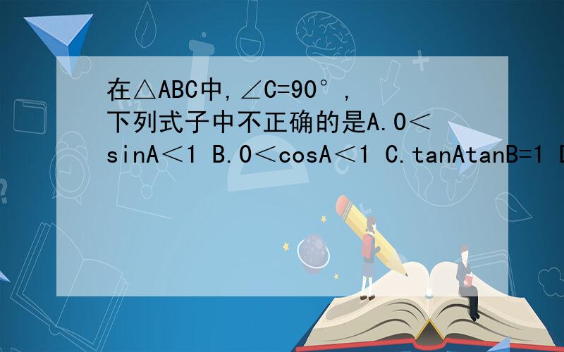 在△ABC中,∠C=90°,下列式子中不正确的是A.0＜sinA＜1 B.0＜cosA＜1 C.tanAtanB=1 D.sinA+cosA=1