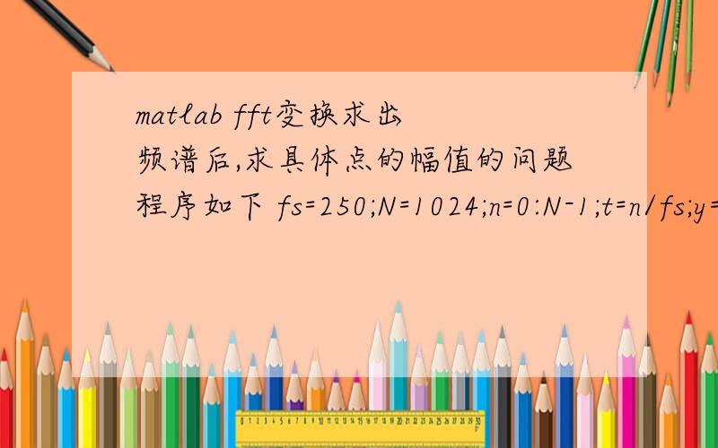 matlab fft变换求出频谱后,求具体点的幅值的问题程序如下 fs=250;N=1024;n=0:N-1;t=n/fs;y=fft(x(:,1),N);mag=abs(y);f=n*fs/N;plot(f,mag);set(gca,'xtick',0:10:250)由原始常微分方程的结果进行fft变换,求得频谱如