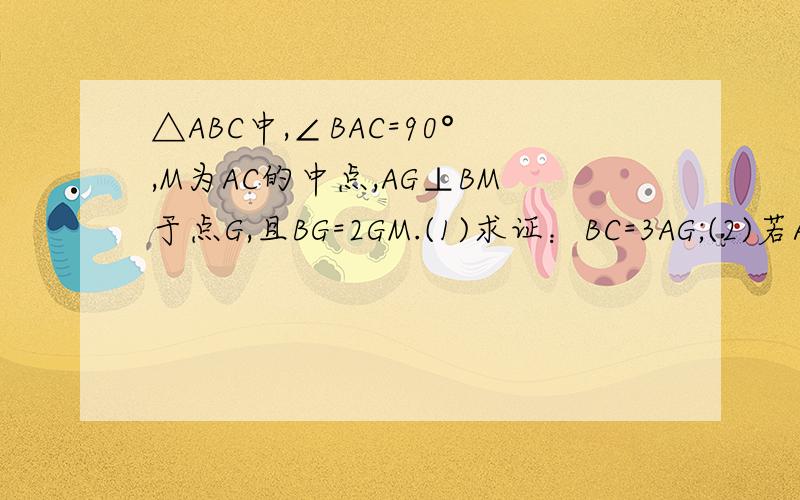 △ABC中,∠BAC=90°,M为AC的中点,AG⊥BM于点G,且BG=2GM.(1)求证：BC=3AG;(2)若AB=根号6 ,求BM的长.