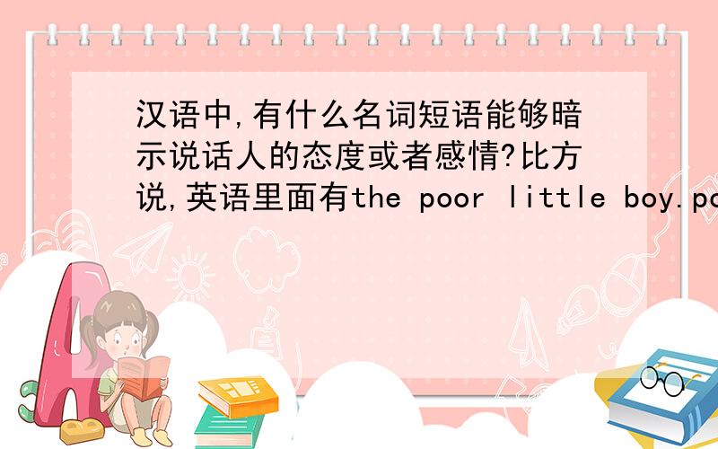 汉语中,有什么名词短语能够暗示说话人的态度或者感情?比方说,英语里面有the poor little boy.poor有很多种含义,比方说没钱,但是这里的poor是表现说话人pathetic的态度.汉语中有没有这种例子呢?就