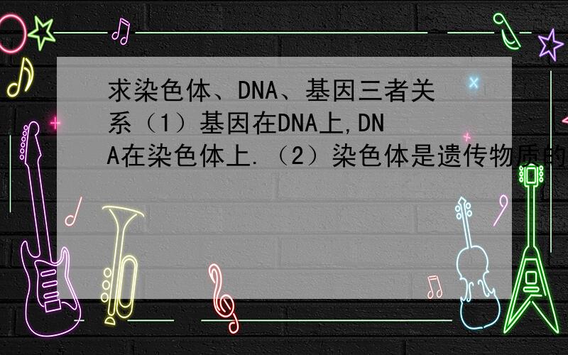求染色体、DNA、基因三者关系（1）基因在DNA上,DNA在染色体上.（2）染色体是遗传物质的载体,控制生物遗传的基本物质是DNA,而基因则是指控制某一性状的DNA片段.（3）主要遗传物质是DNA,因为