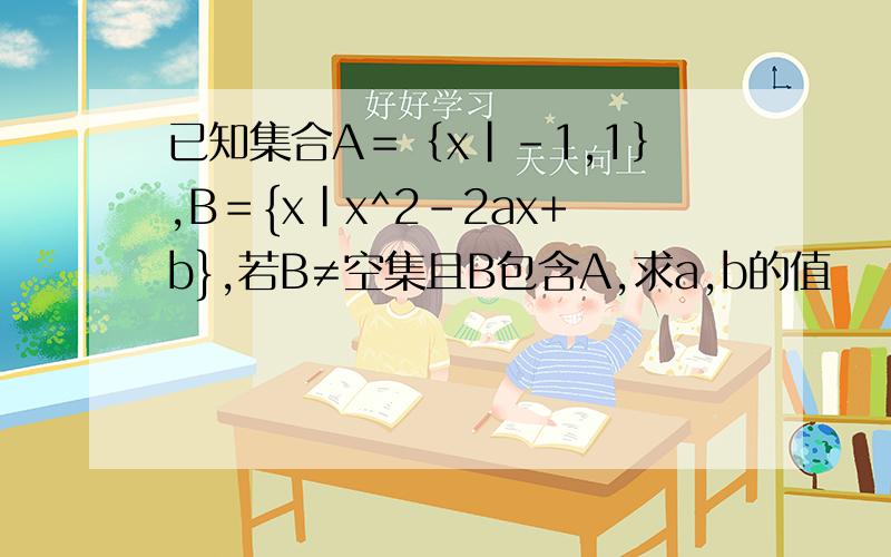 已知集合A＝｛x|-1,1｝,B＝{x|x^2-2ax+b},若B≠空集且B包含A,求a,b的值