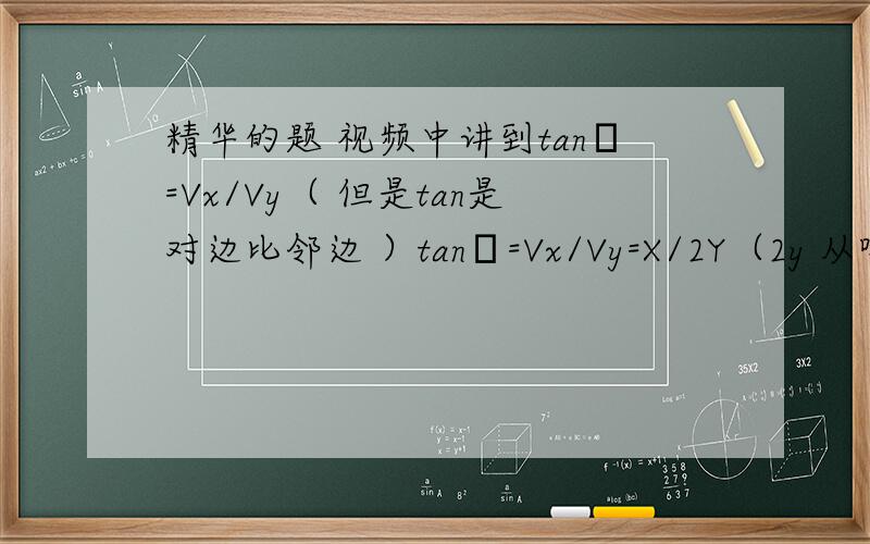 精华的题 视频中讲到tanθ=Vx/Vy（ 但是tan是对边比邻边 ）tanθ=Vx/Vy=X/2Y（2y 从哪来的?）
