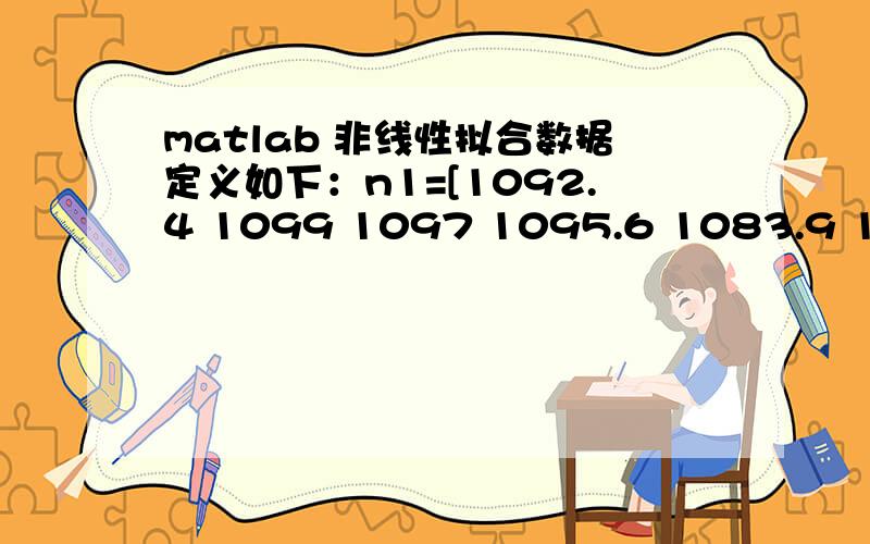 matlab 非线性拟合数据定义如下：n1=[1092.4 1099 1097 1095.6 1083.9 1078.2 1080.9 1064.2 1076.2 1069.3 1044.8 1044.8 1035.7 1042.1];M1=[0.84 0.99 1.14 1.41 1.7 1.95 2.21 2.52 2.78 3.09 3.33 3.33 3.87 4.15];n2=[177 177.8 175.2 177.1 174.8 17