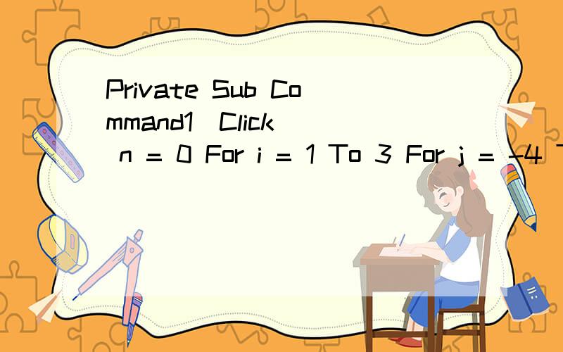 Private Sub Command1_Click() n = 0 For i = 1 To 3 For j = -4 To -1 n = n + 1 Next j Next i MsgBox i为什么输出的结果是4