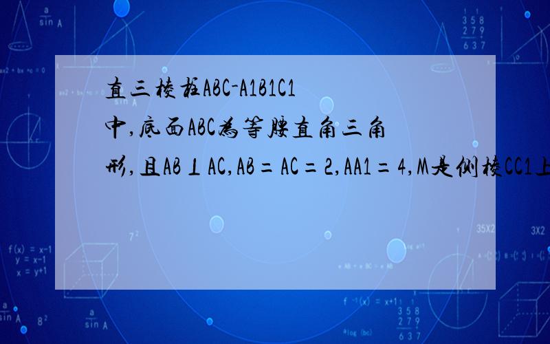 直三棱柱ABC-A1B1C1中,底面ABC为等腰直角三角形,且AB⊥AC,AB=AC=2,AA1=4,M是侧棱CC1上的一点,设MC=h（1）若BM⊥A1C,求h的值（2）若直线AM与平面ABC所成的角为45°,求多面体ABM-A1B1C1的体积