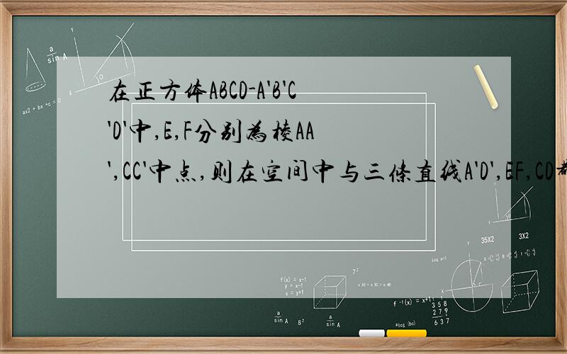 在正方体ABCD-A'B'C'D'中,E,F分别为棱AA',CC'中点,则在空间中与三条直线A'D',EF,CD都相交的直线有几条?