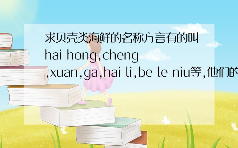 求贝壳类海鲜的名称方言有的叫hai hong,cheng,xuan,ga,hai li,be le niu等,他们的学名都叫什么