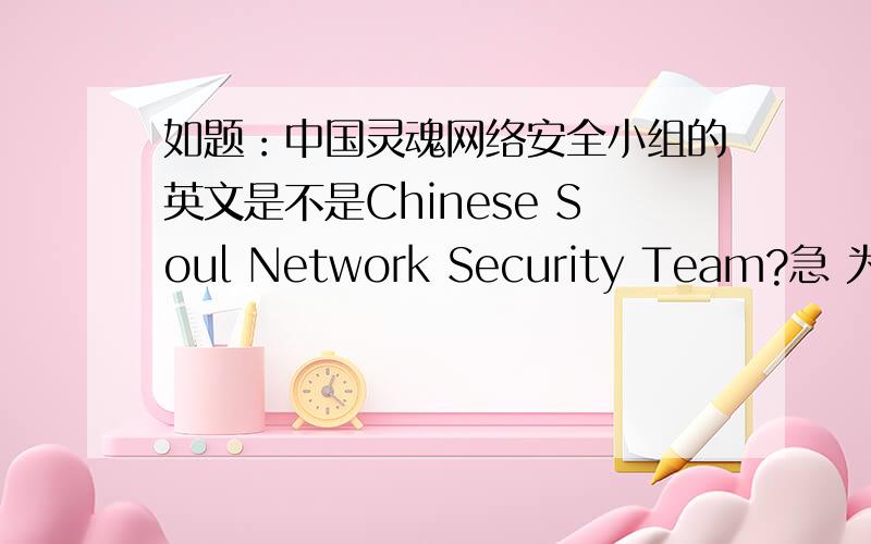 如题：中国灵魂网络安全小组的英文是不是Chinese Soul Network Security Team?急 为什么在谷歌会翻译成了China's network security team spirit 是不是谷歌翻译的死板。到底哪个正确。不是举足轻重。是名字