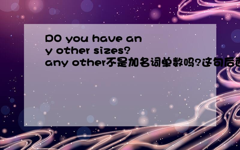 DO you have any other sizes?any other不是加名词单数吗?这句后面为什么加S?