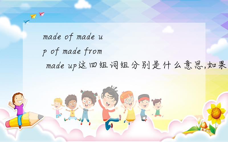 made of made up of made from made up这四组词组分别是什么意思,如果放到以下的句子中,应该选哪一个好呢?——Are you sure you can win in the sports meeting ——Sure,our team is ______10 strong boys and 8 tall girls.