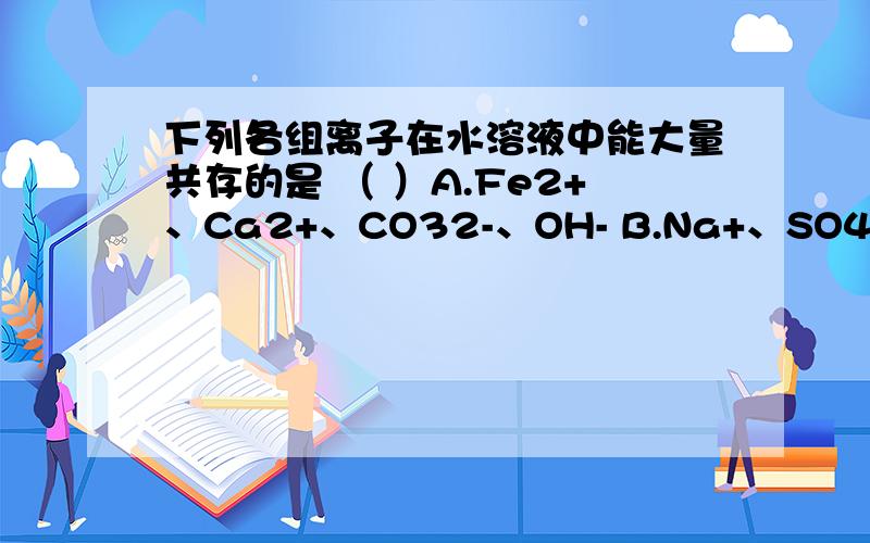 下列各组离子在水溶液中能大量共存的是 （ ）A.Fe2+、Ca2+、CO32-、OH- B.Na+、SO42-、Cl-、OH- C.Ba2+、H+、Cl-、OH- D.Ag+、NH4+、NO3-、OH-我知道答案和解析,可是比如说A中生成Fe(OH)2和CaCO3沉淀,那为什么